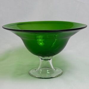 Vintage Emerald Green Hand Blown Glass Pedestal Bowl